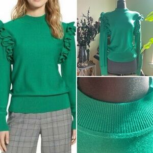 Halogen Ruffle-Shouldered Emerald Green Sweater with Detachable Sleeves